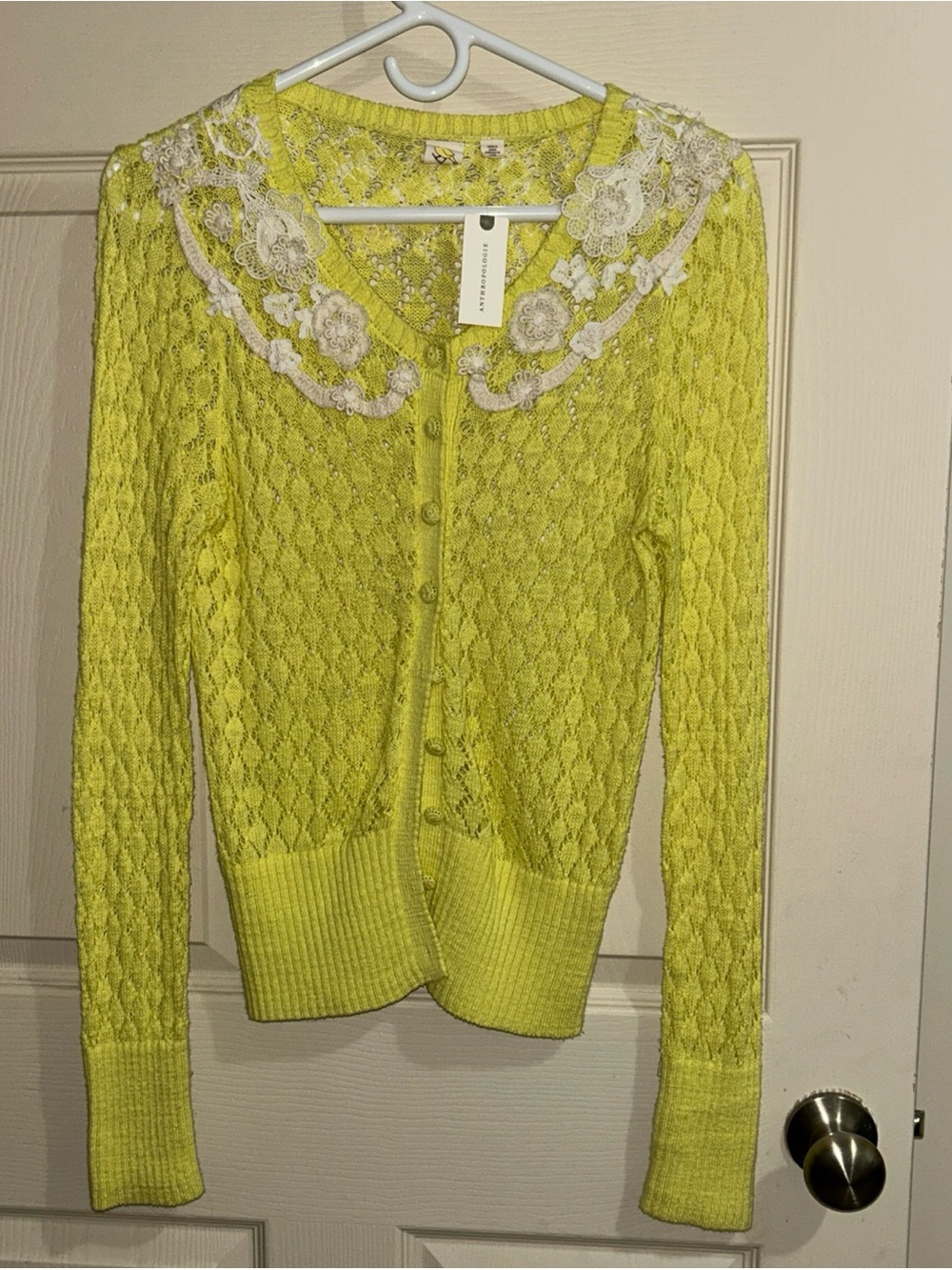 Anthropologie Yellow Bird Lace Crochet Lemon Cardigan Sweater M NWT